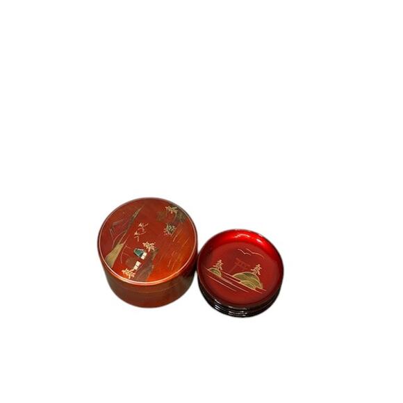 Japanese Red Gold Lacquerware Box and Coasters Set Vintage Set of 6 - Picture 2 of 9